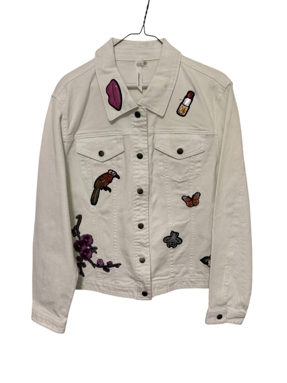 NY Collection Denim Jacket White with Sequined Patches Womans XL
